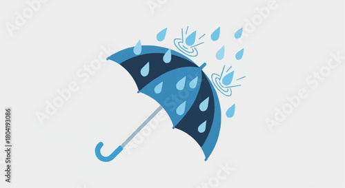 A blue umbrella with raindrops falling on it, creating ripples, isolated on, representing shelter and rainy conditions