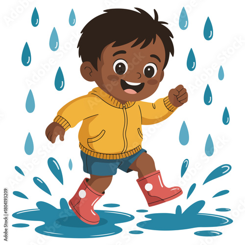 A happy kid enjoying a rainy day, splashing in puddles