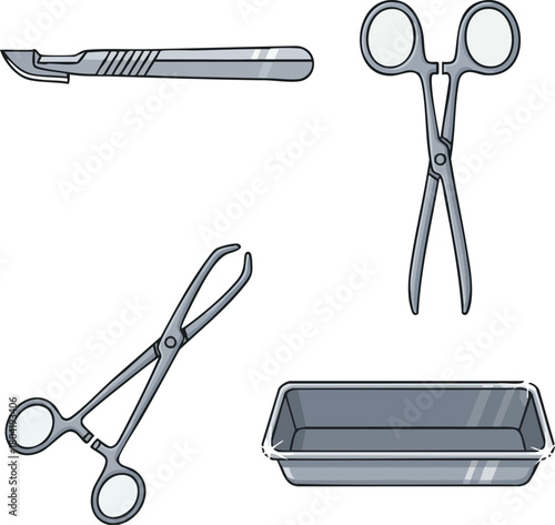 Medical tools and equipment for surgery including forceps, scissors, a scalpel and a metal tray on a white background with a clean and sterile mood.