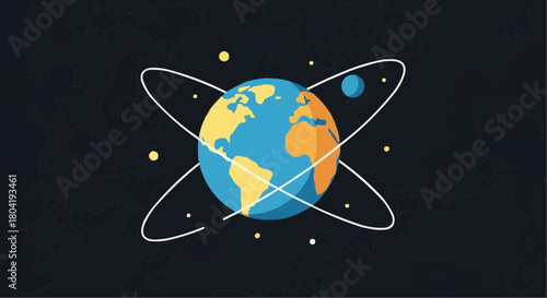 Illustration of a globe with orbiting electrons, symbolizing global connectivity, scientific research, and international collaboration in a modern design