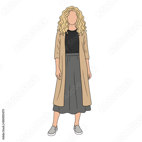 Woman in Long Cardigan and Midi Skirt
