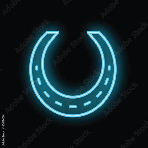 Bright, glowing neon blue horseshoe is isolated on a black background, symbolizing luck, fortune, and good luck charms