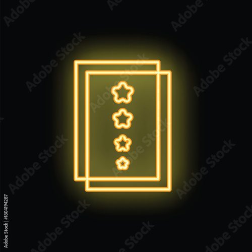 Bright yellow neon sign of a five star rating system glowing on a black background