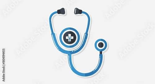 A blue stethoscope with a medical cross symbol, representing healthcare, medicine, and diagnosis isolated on