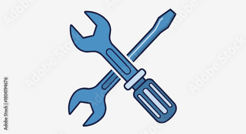 A blue wrench and screwdriver crossed isolated on, representing repair, maintenance, and construction services