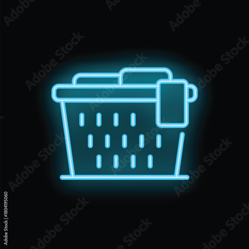 Glowing neon laundry basket filled with clothes and detergent on black background, concept for laundry day or laundry service