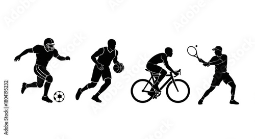 Black Silhouette Vector of Sports Icons Including Football, Basketball, Cycling, and Tennis, Clean Uniform Minimal Shapes, Isolated on White Background, Professional Athletic Vector Illustration

