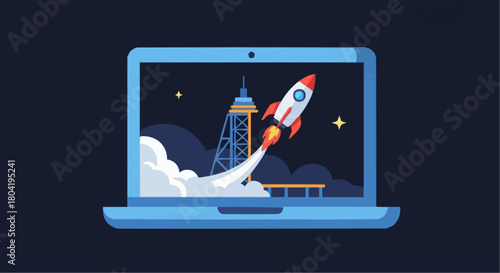 Laptop displaying a rocket launching from a platform, representing a successful startup and technological innovation on dark background
