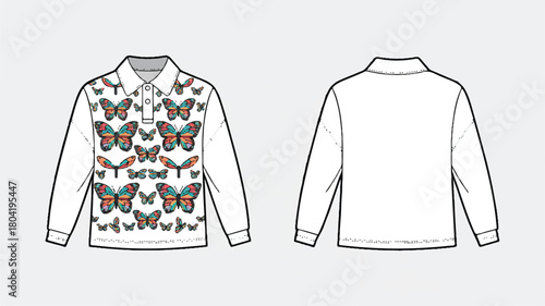 Stylish longsleeved polo shirt featuring a vibrant butterfly design, isolated on white background, perfect for adding a touch of nature to your wardrobe