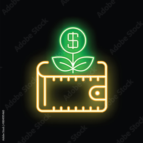 Neon wallet with a dollar plant growing out of it, a bright illustration about making your money grow
