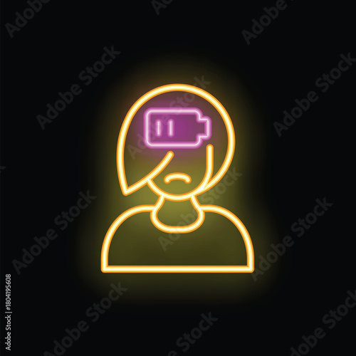 Neon sign of a young woman feeling sad and unmotivated with a low battery icon above her head