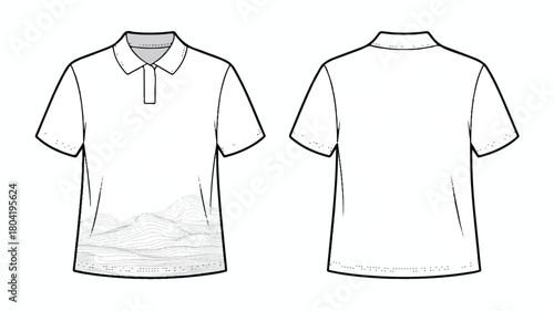 Front and back view of a white polo shirt with mountain and water graphic isolated on white background