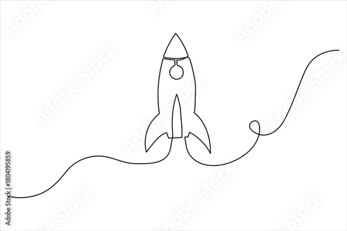 Single line drawing of a rocket ship with curved trail