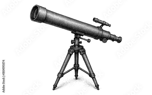Detailed engraved telescope on tripod in classic black and white design