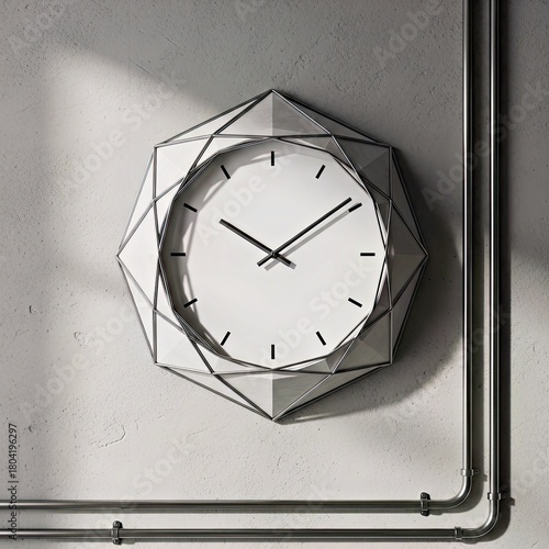 Geometric Modern Wall Clock Industrial Plumbing Pipes Monochrome Grayscale Photo