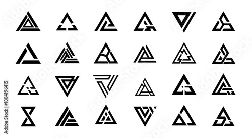 Collection of geometric triangle logos, design elements showcasing abstract and modern concepts