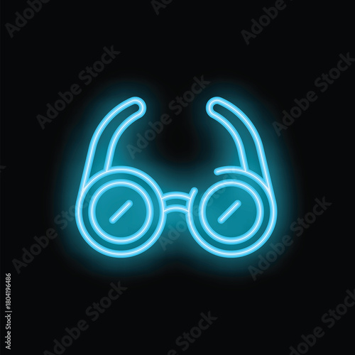 Neon sign representing round eyeglasses, glowing blue with a black background