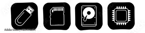 Vecter icons for storage devices and computer components: usb drive, memory card, hdd, cpu concept design elements