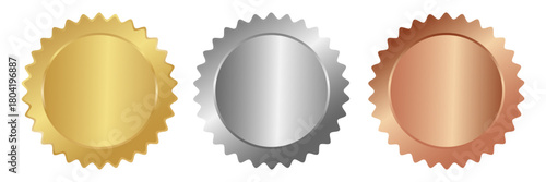 Vector illustration of a set of gold, silver, and bronze medals. Realistic 3D award seals isolated on a white background.