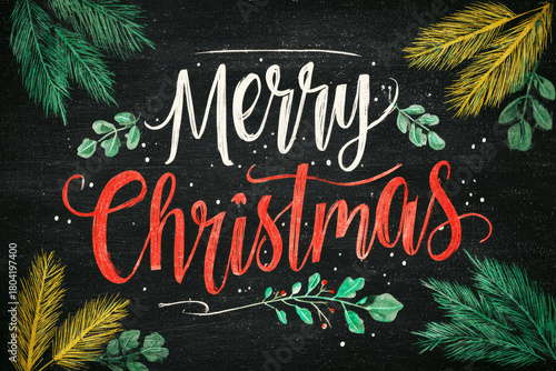 Colorful Merry Christmas text surrounded by playful winter motifs symbolizes holiday cheer. This retro design captures the essence of Christmas from the 50s and 60s