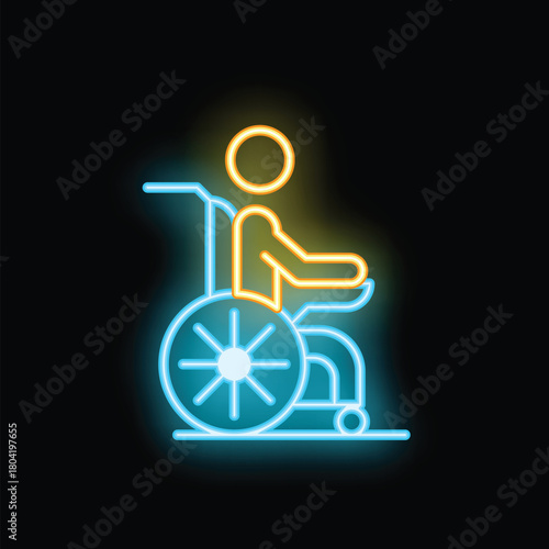 Neon sign depicting a young man using a wheelchair, symbolizing accessibility and inclusivity