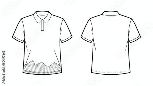 Front and back view of a polo shirt with striped bottom isolated on white background