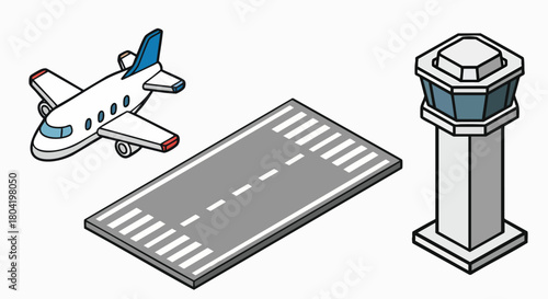 Isometric airport elements airplane runway control tower travel vector illustration flat design isometric aviation transport airport journey flight global