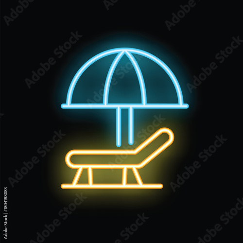 Neon sign illuminating a beach umbrella covering a lounge chair