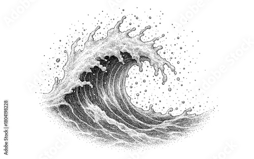 Intricate dotwork wave art capturing ocean motion with splash detail