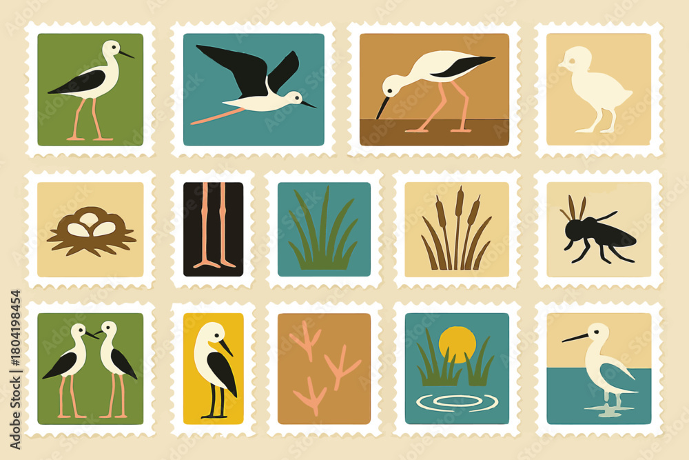 Naklejka premium Stilt Bird Icon Set with Nature and Stamp Design