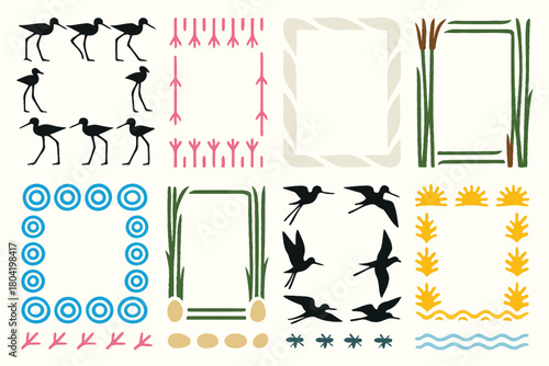 Stilt Bird Frame Icon Set with Nature and Water Elements