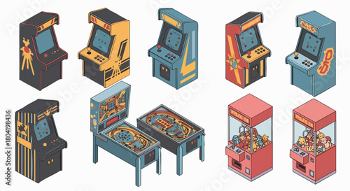 Retro arcade game machines pinball claw game collection isometric vector illustration flat design vintage gaming entertainment 80s 90s classic fun