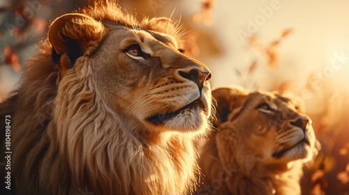 two lions in the golden evening sun, majestic lions at sunset, lion duo in warm twilight light
