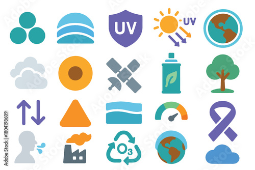 Ozone Layer Protection Icons Set with UV, Emissions, and Earth Symbols