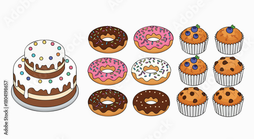 Delicious dessert collection cake donuts muffins vector illustration flat design birthday celebration bakery pastry sweet treats graphic art