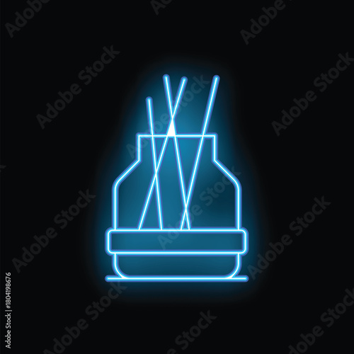 Bright blue neon sign showing an aroma diffuser with rattan sticks spreading pleasant fragrance