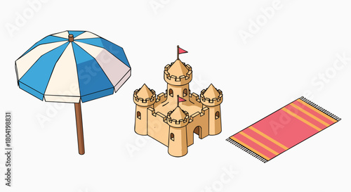 Isometric vector illustration of beach sandcastle umbrella towel set summer vacation holiday travel seaside recreation graphic element flat design