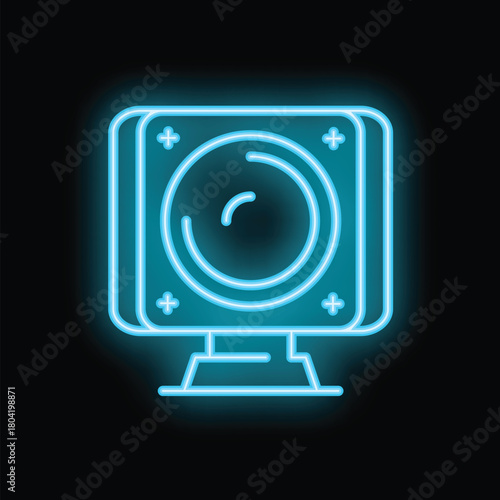 Neon sign representing a subwoofer speaker glowing blue on black background, ideal for music and audio concepts