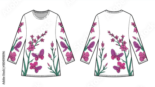 Front and back view of a white long sleeve tunic with floral and butterfly embroidery, isolated on white background for fashion design and apparel