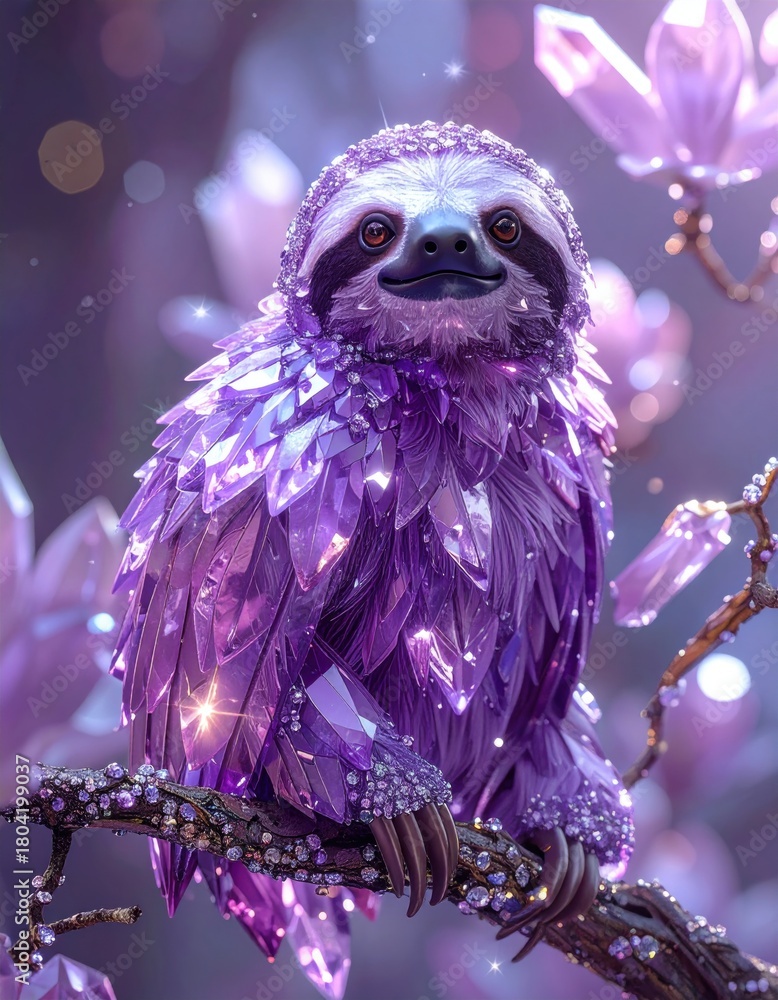 Fototapeta premium A whimsical sloth adorned with sparkling purple crystals sits on a branch, surrounded by vibrant floral elements, creating a magical atmosphere.