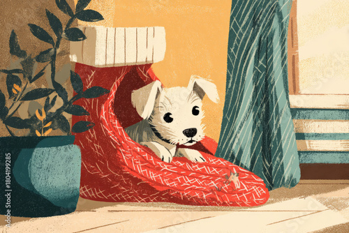 A cute puppy peeks out from a red Christmas stocking nestled in a warm corner of a retro home, surrounded by festive decor and a cheerful atmosphere