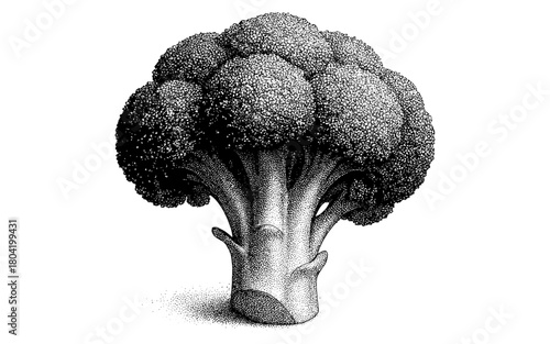Intricate stippled broccoli with a textured black and white design