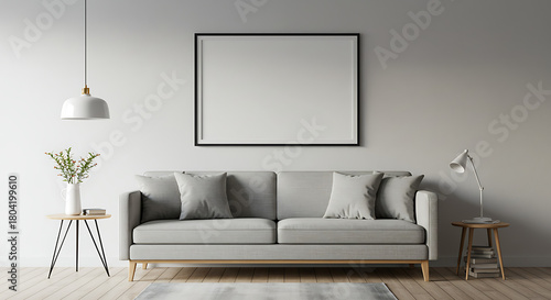 Elegant and modern living room interior featuring a comfortable grey sofa and a blank horizontal picture frame for mockup