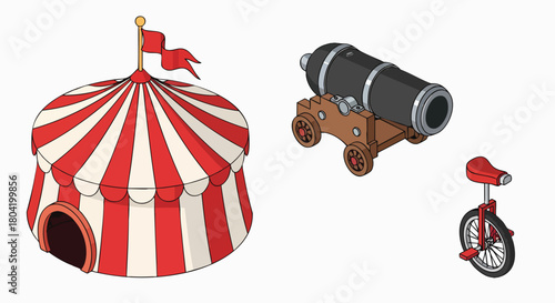 Classic circus tent cannon unicycle elements fun fair collection vector illustration flat design carnival show entertainment performance graphic asset