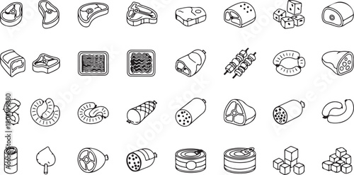 Variety of Meats Line Art Icon Set Delicious Cuts
