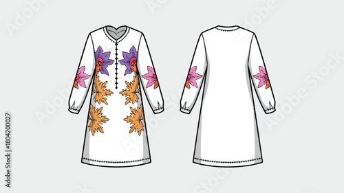 Elegant white dress isolated on white background featuring a vneckline, long sleeves, and a vibrant floral pattern for a chic and stylish look