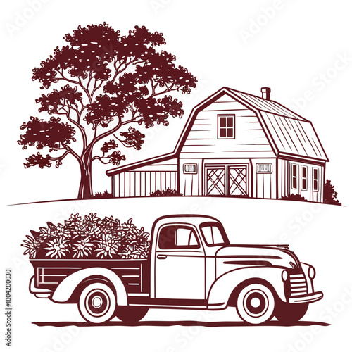 Vintage farm scene featuring an old truck filled with flowers and a barn with a large tree nearby