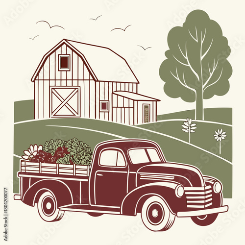 Illustration of a vintage pickup truck with flowers in a farm setting with barn and tree in background