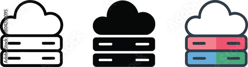 Cloud Server Icons Outline Silhouette and Color Keywords: cloud, server, data, storage, icon, symbol, technology, network, computing, database