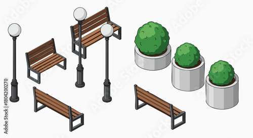 Isometric park street elements bench lamp bush planter set vector illustration flat design isometric outdoor urban furniture city assets